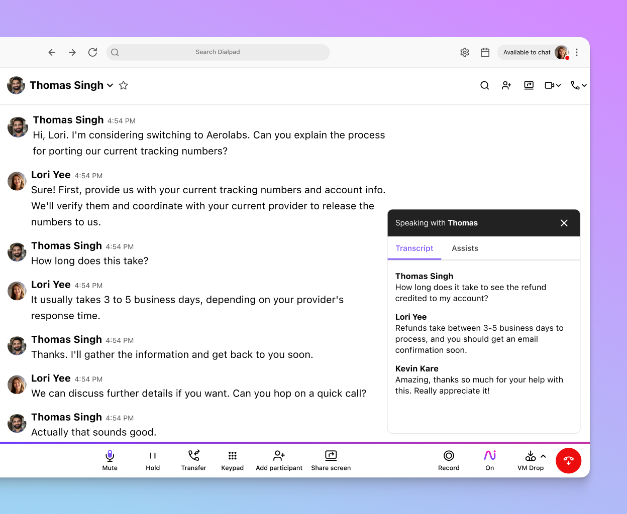 Screenshot of Dialpad AI transcribing a phone call in real time
