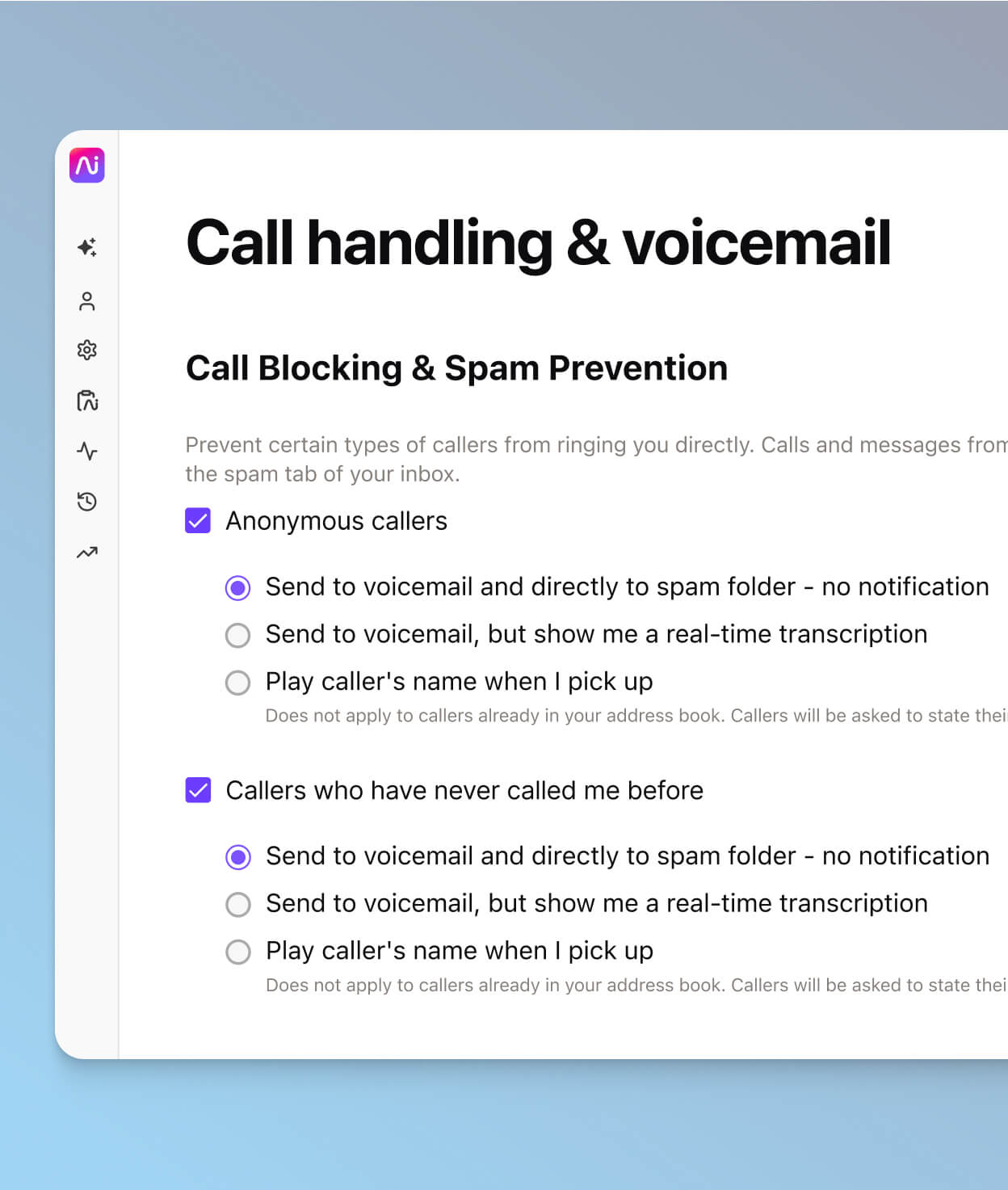 Screenshot showing Dialpads call blocking settings