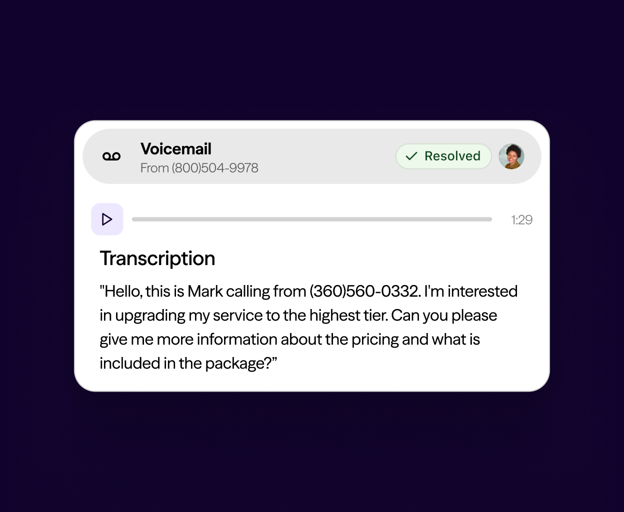 Screenshot of Dialpad's visual voicemail transcription feature