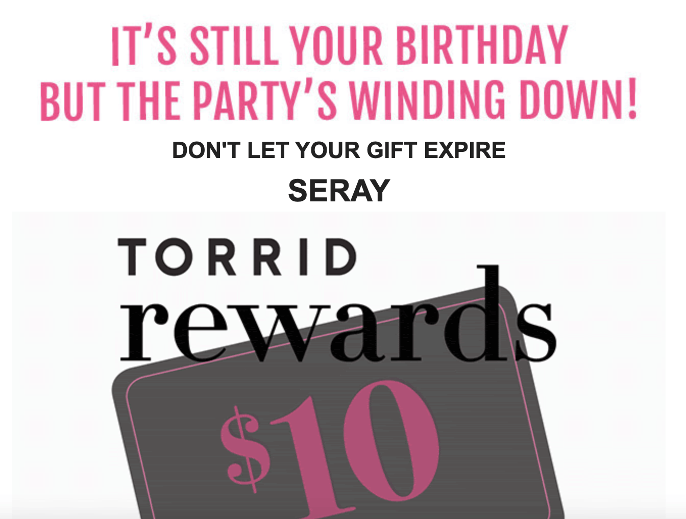 Email body containing details on birthday gift card from a brand called Torrid