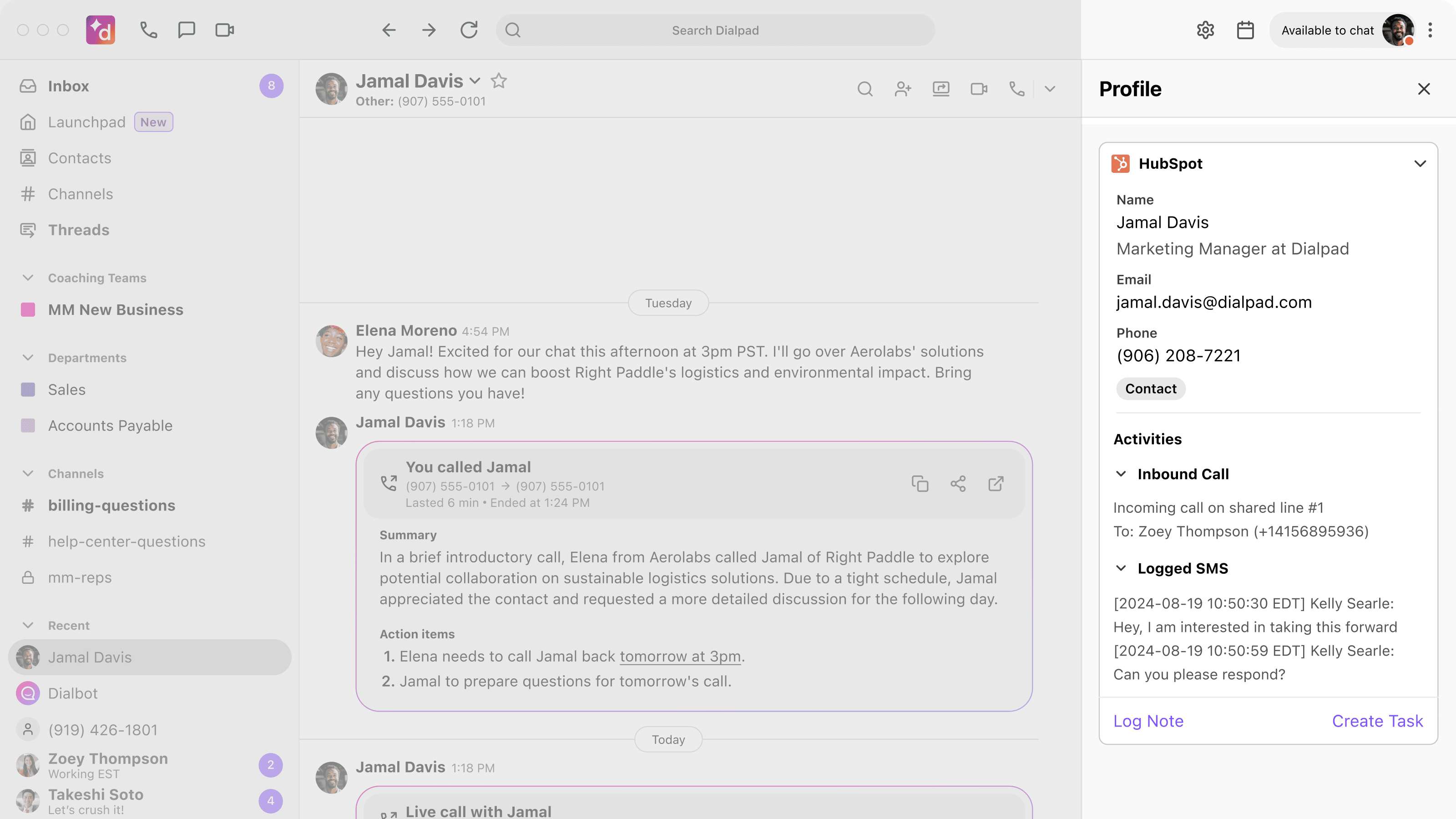 Sidebar in Dialpad with Hubspot Contact Details