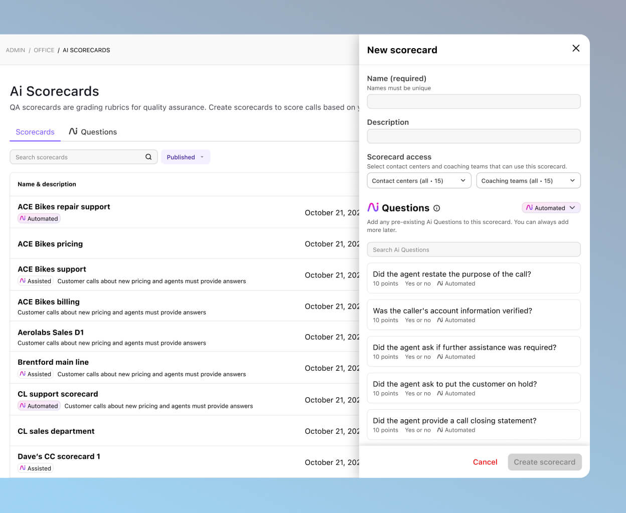 Screenshot of Dialpad AI Scorecard showing which part of the call an agent met the criteria