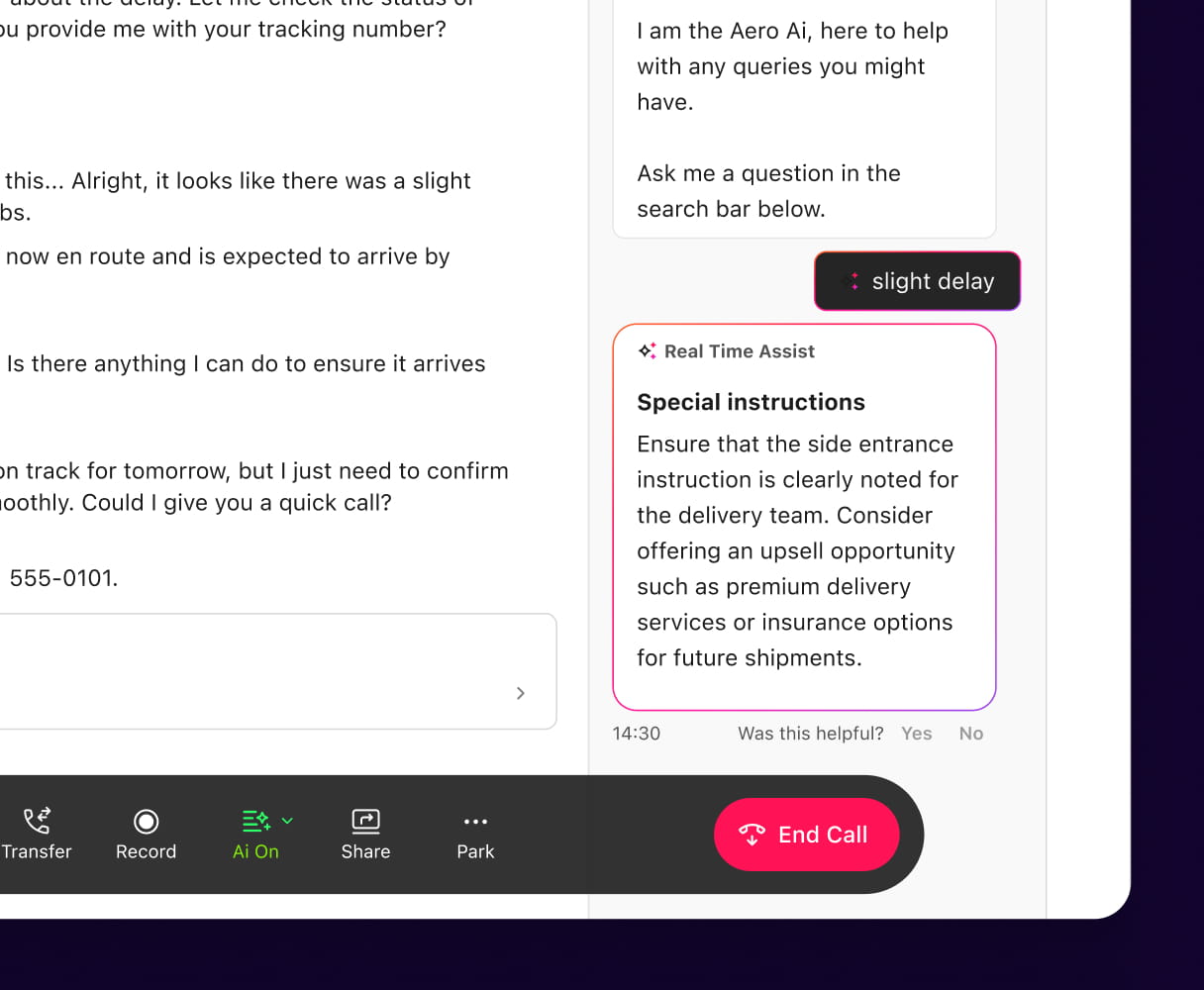 Screenshot of Dialpad AI transcribing a phone call in real time