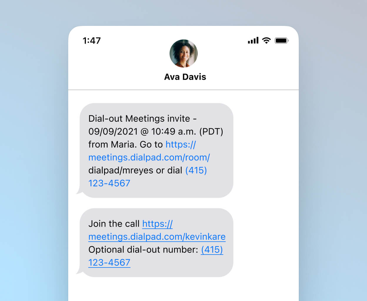 Screenshot of sending a screen share invite via SMS text messaging using Dialpad