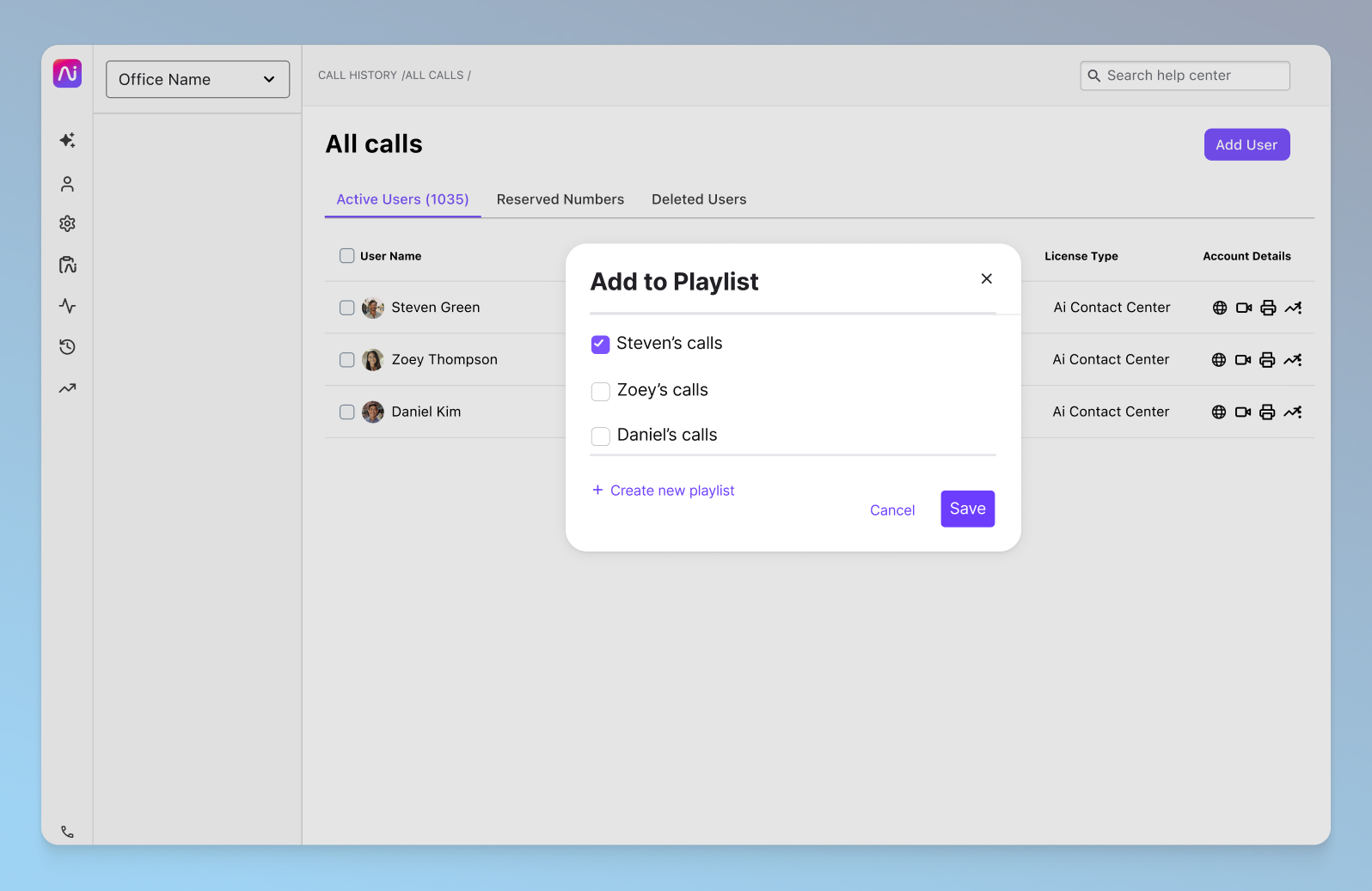 Screenshot of creating a coaching call recording playlist in Dialpad app