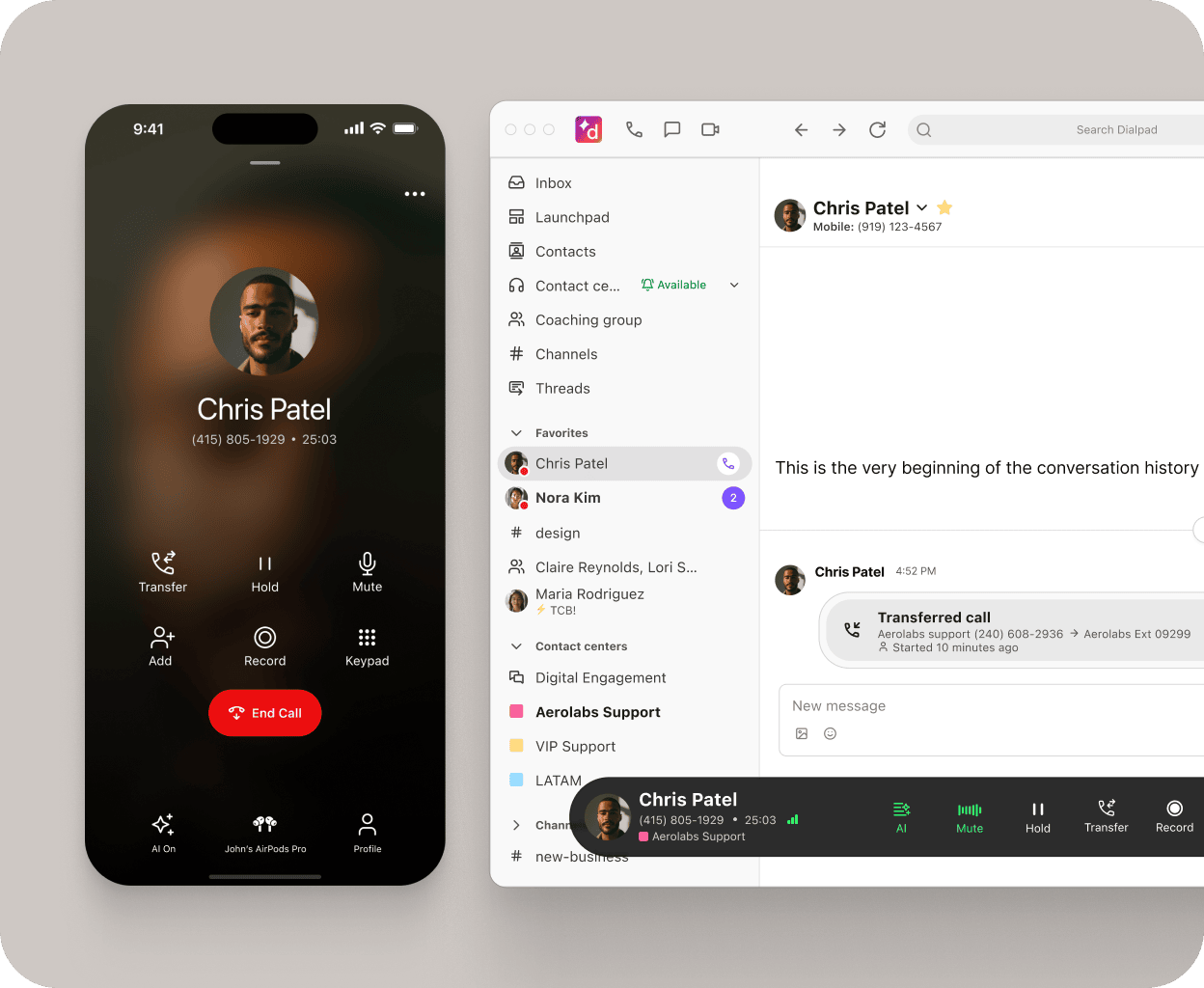 Screenshot of business text messaging features in Dialpad's desktop and mobile applications
