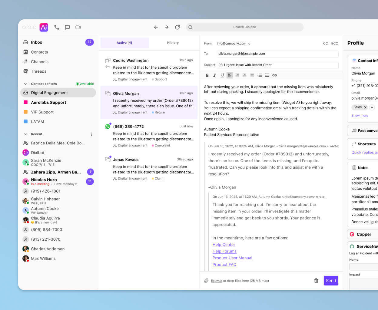 Screenshot of social media, digital, and voice channels being handled by an agent in Dialpad's omnichannel contact center platform