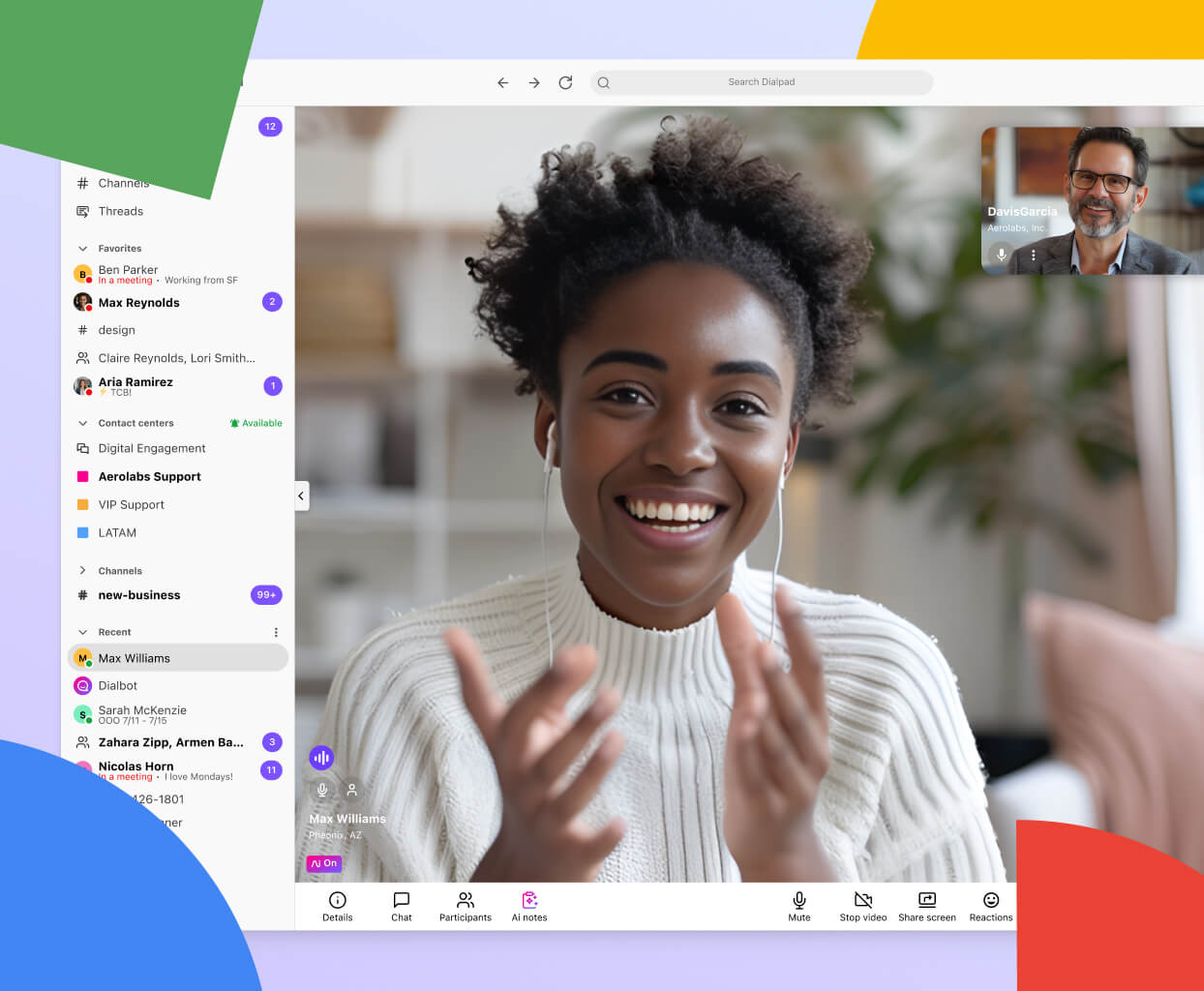Screenshot of Dialpad's video conferencing interface displaying a video feed with two participants