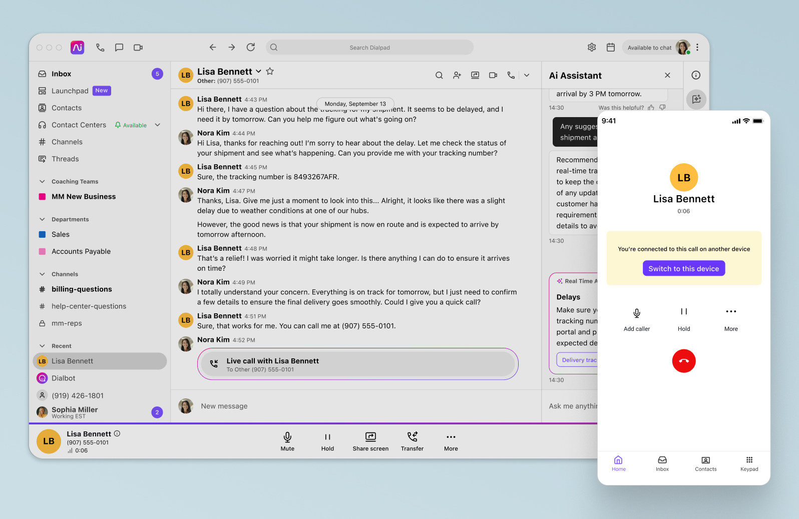 Screenshot of making a call in Dialpad-s mobile app