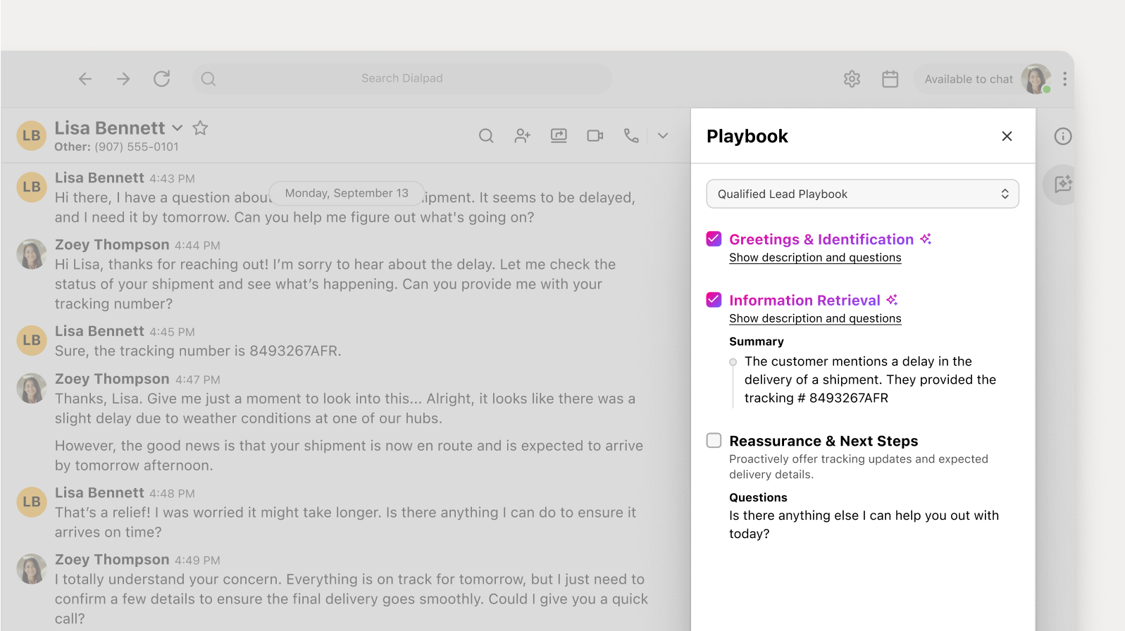 Screenshot of Dialpad's Ai Playbook being used during a call