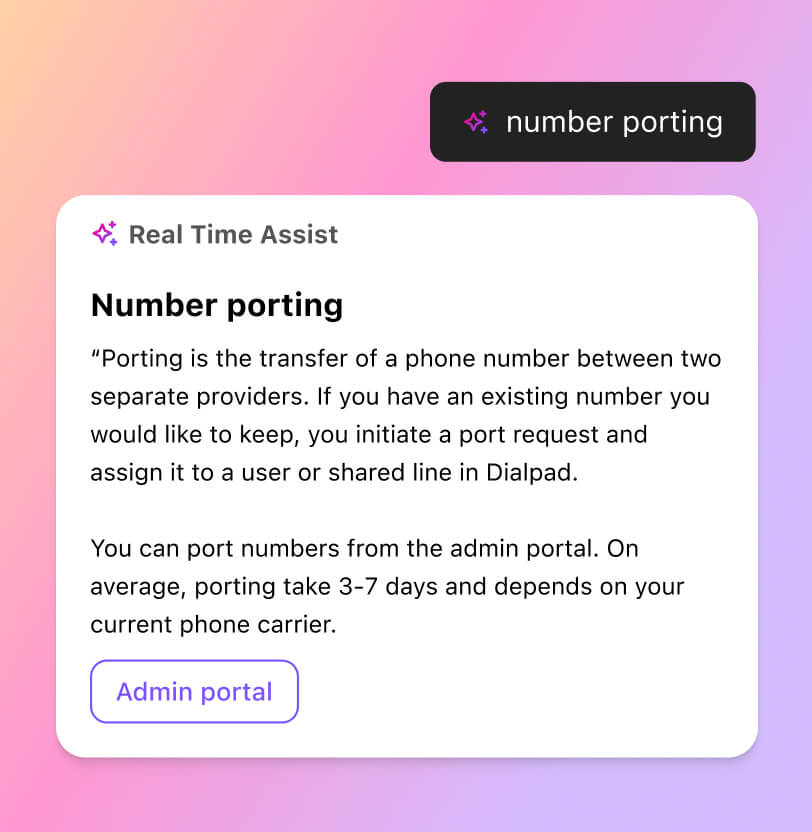 Screenshot of Dialpads real time assist card feature popping up helpful notes for an agent or rep when a tricky question comes up on a call