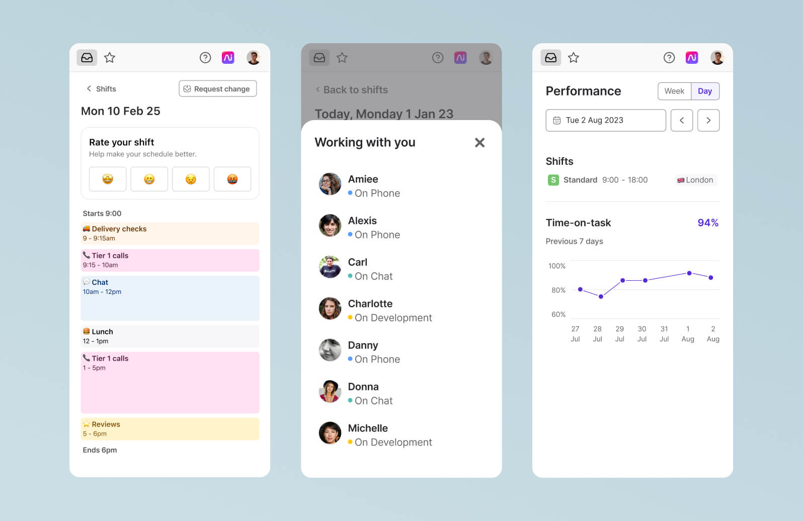 Screenshots of Dialpad WFM software features shown on mobile device screens