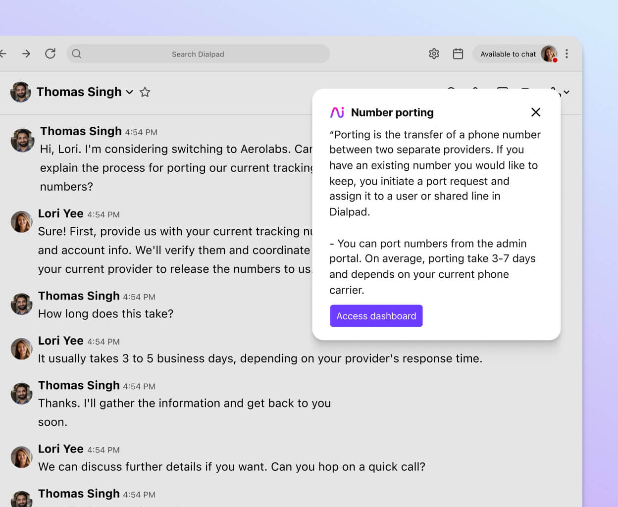 Screenshot of Dialpad's real time assist card feature popping up helpful notes for an agent or rep when a tricky question comes up on a call
