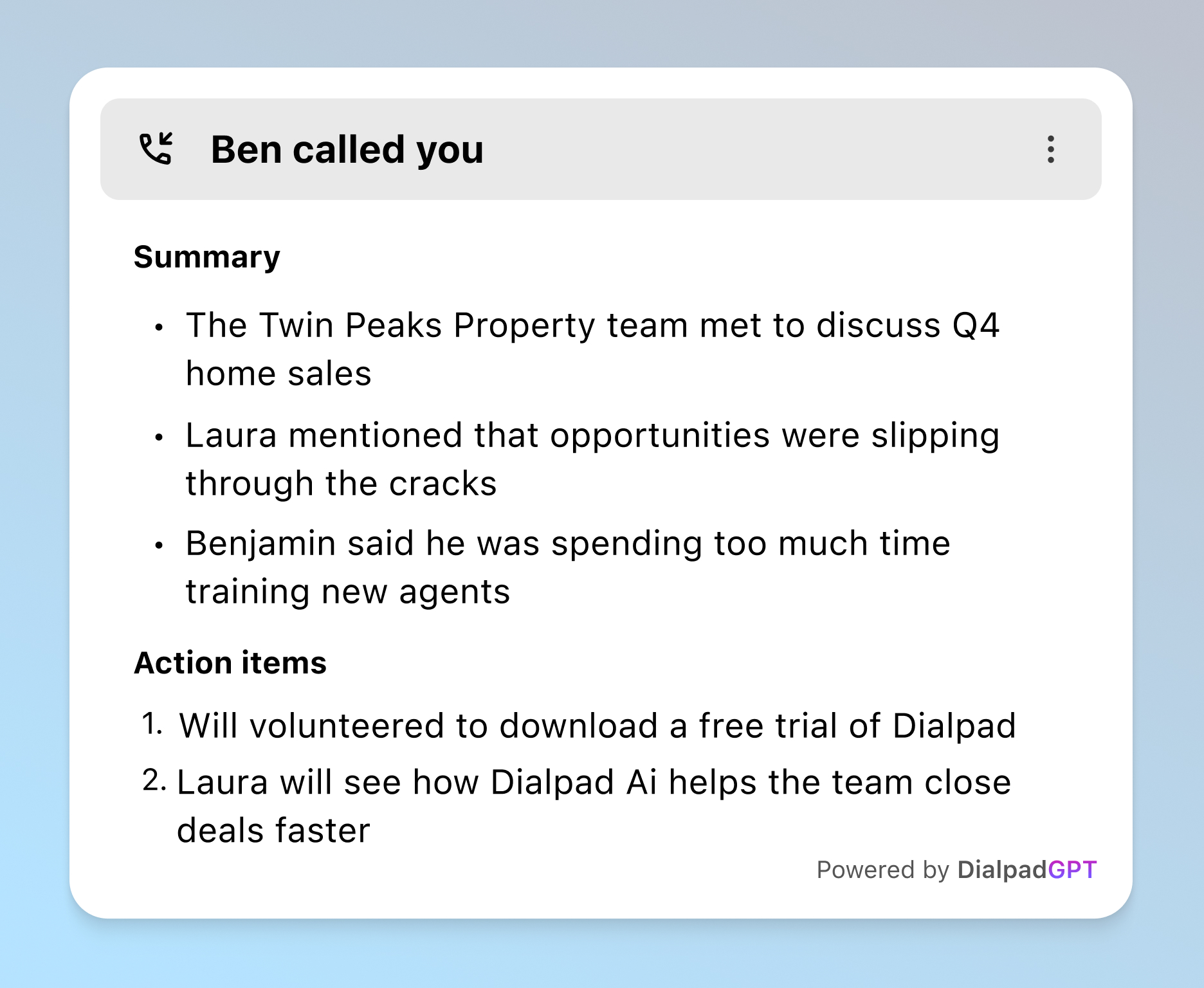 Screenshot of Dialpad's AI-generated call summary with action items