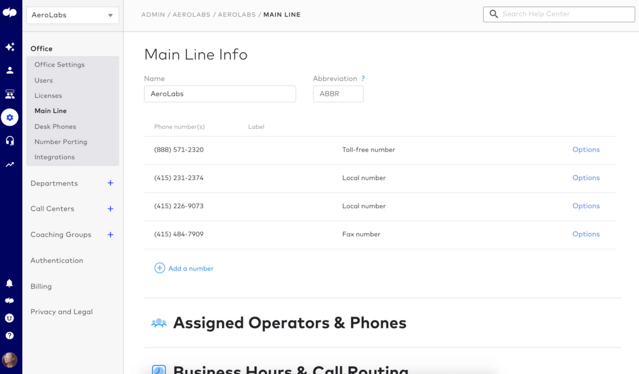 Dialpad main line configuration interface for phone tree template setup in business phone systems