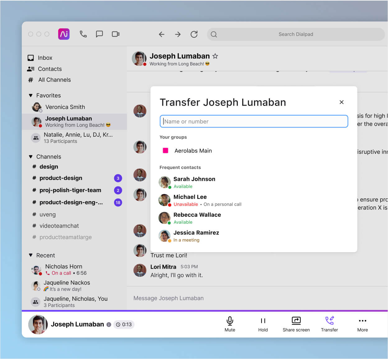 Screenshot of transferring a call on Dialpad