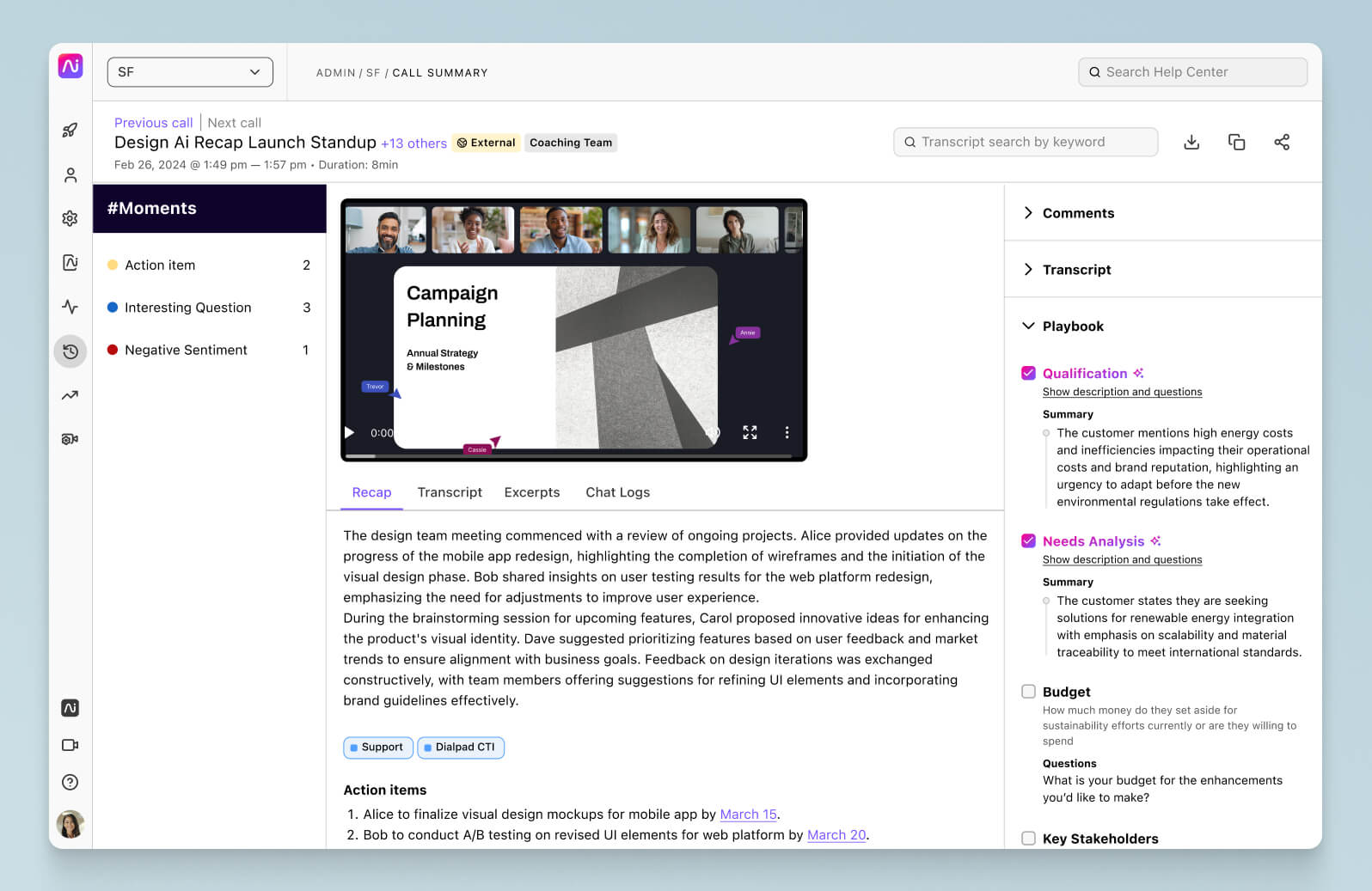 Screenshot of Dialpads AI powered post call summary with transcript and recording
