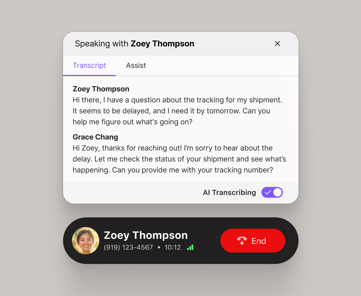 Screenshot of Dialpad AI transcribing a phone call in real time.