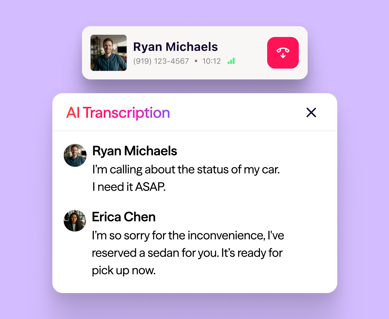 Screenshot of Dialpad AI transcribing a phone call in real time