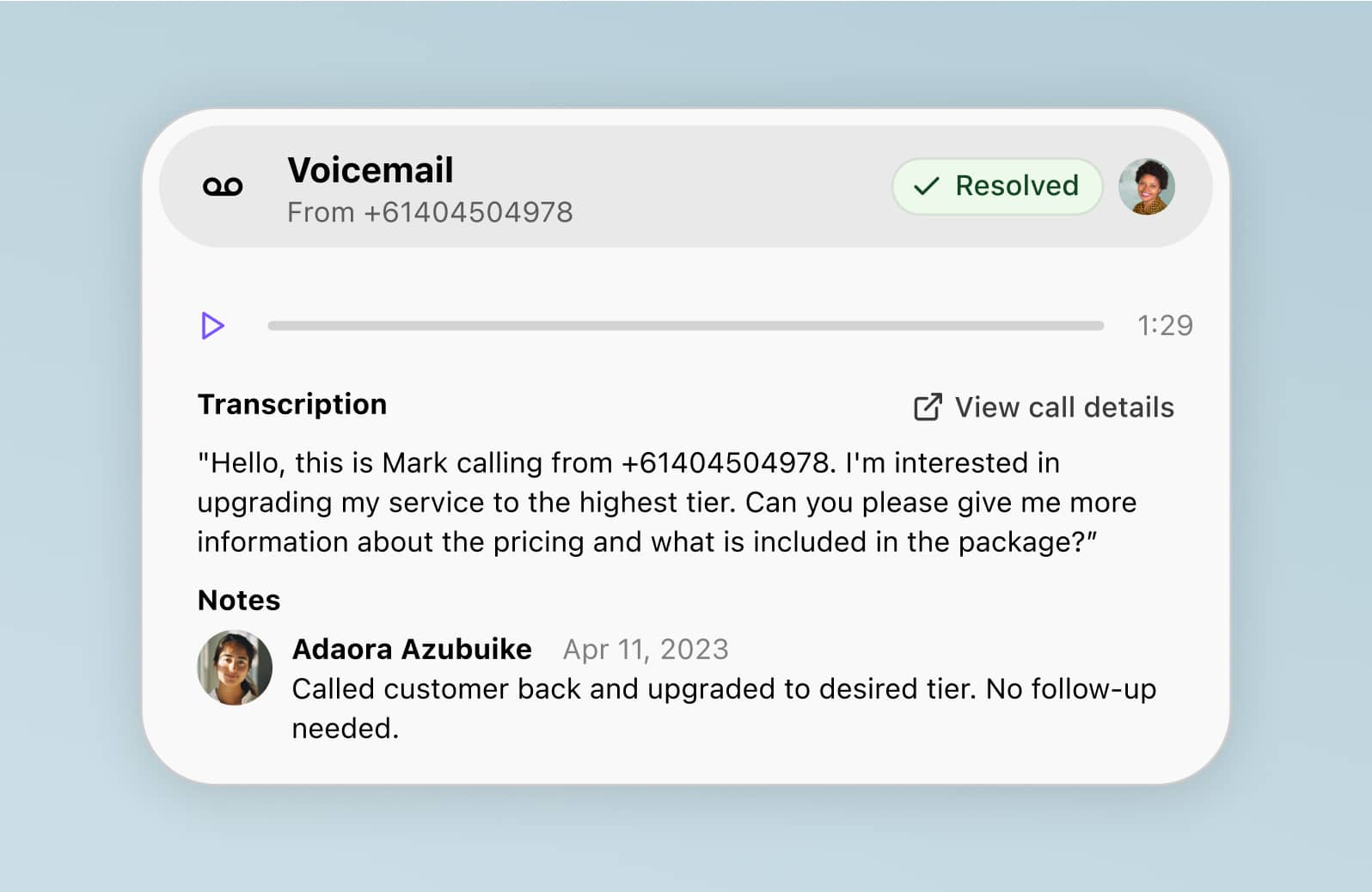 Screenshot of Dialpad-s voicemail transcription and AI-generated action items