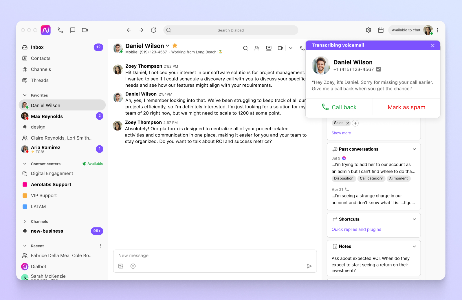 Transcribing a voicemail in Dialpad.