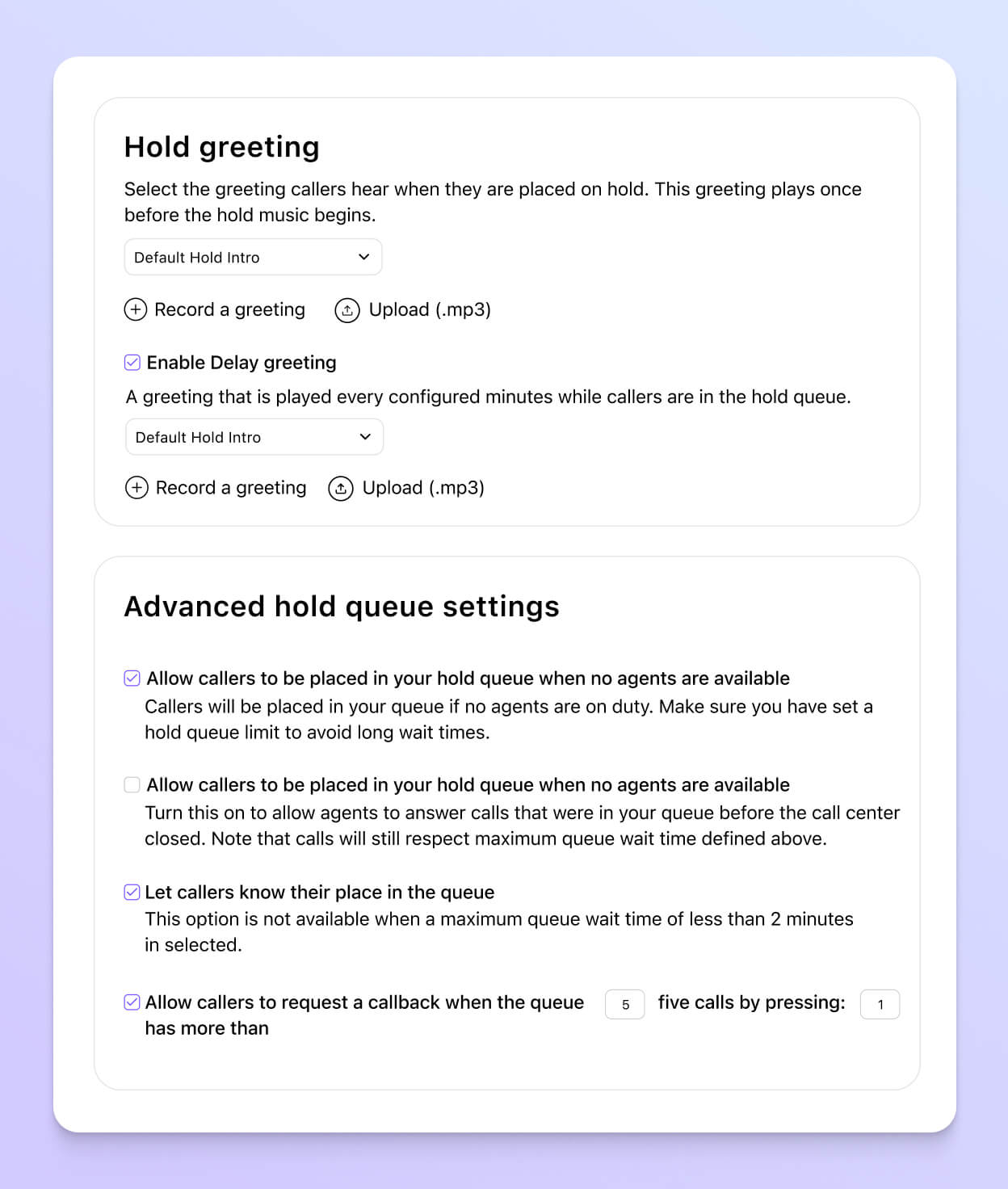 Screenshot of selecting the hold greeting in Dialpad