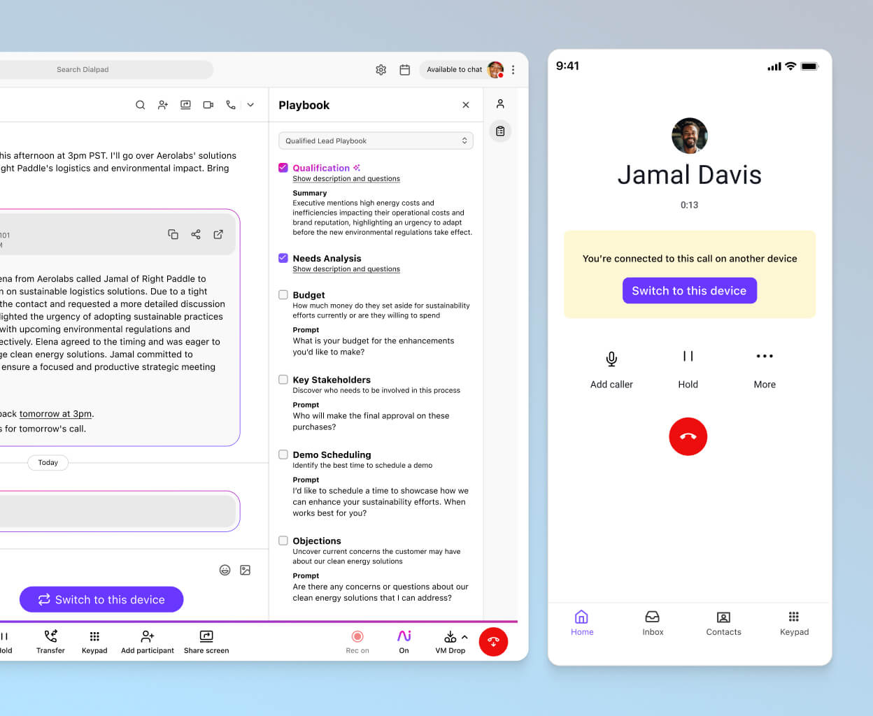 Screenshot of Dialpad AI suggesting BANT sales playbook tasks for a rep in real time