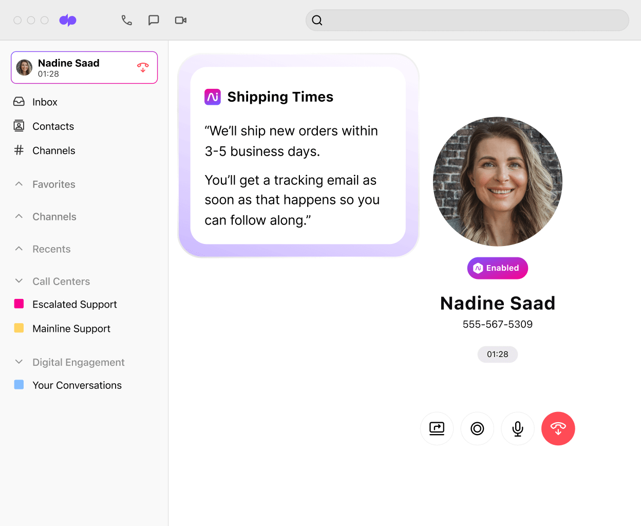 Screenshot of Dialpads real time assist card feature popping up helpful notes for an agent or rep when a tricky question comes up on a call
