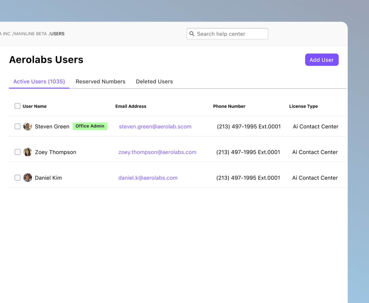 Screenshot of managing user accounts on Dialpad