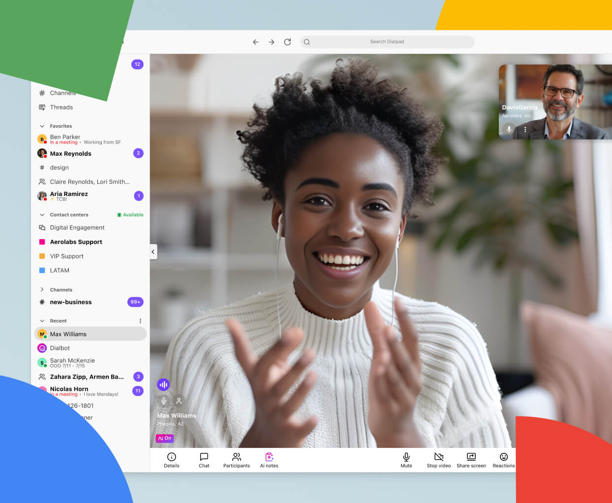 Screenshot of Dialpad's video conferencing interface displaying a video feed with two participants