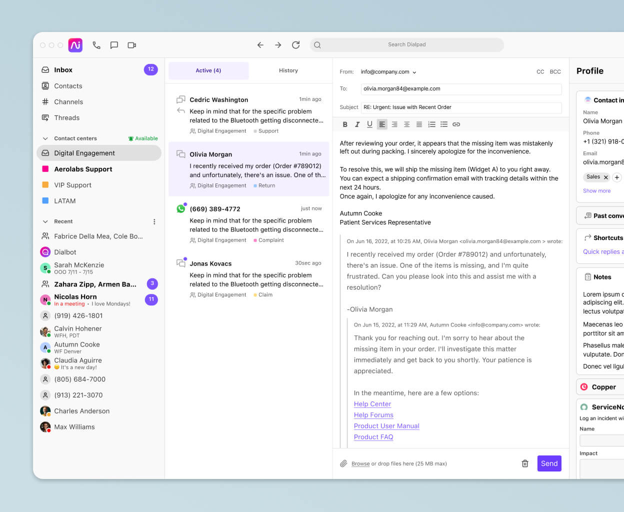 A screenshot of social media, digital, and voice channels being handled by an agent in Dialpad's omnichannel contact center platform.