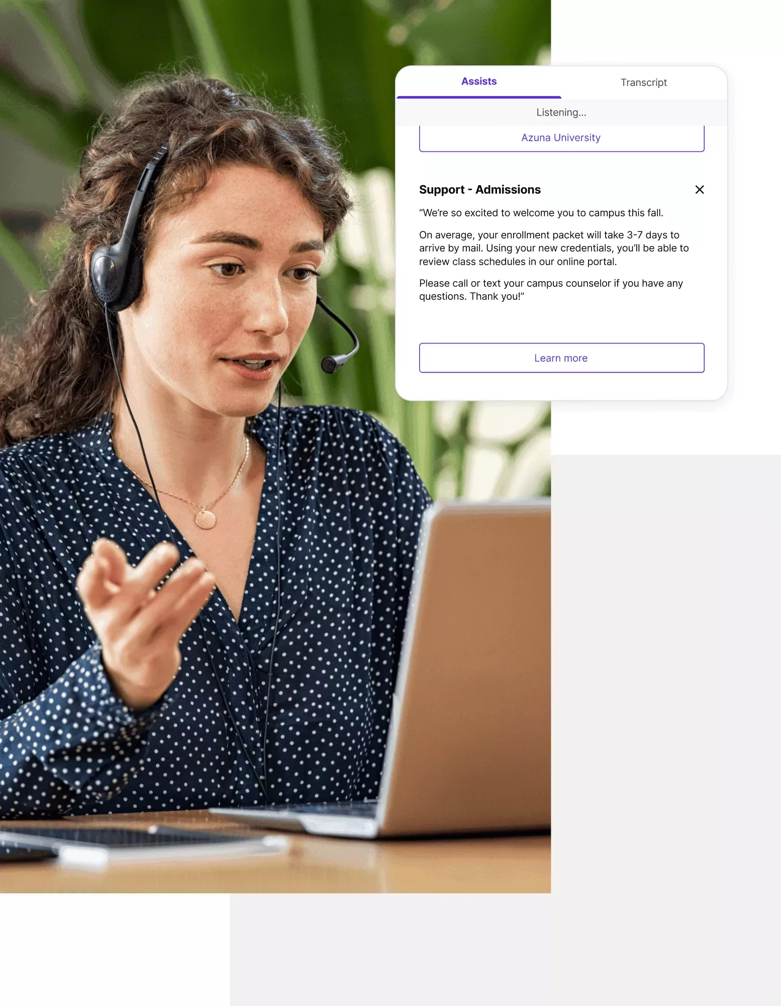 A woman wearing a headset on a phone call with Dialpad's real-time Ai sales coaching feature overlaid on top