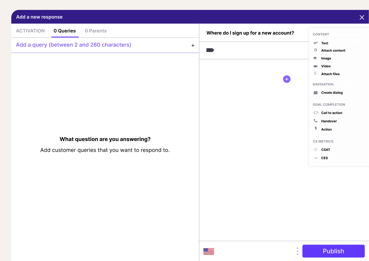 Screenshot of creating a chatbot response flow using Dialpad's no-code drag-and-drop builder.