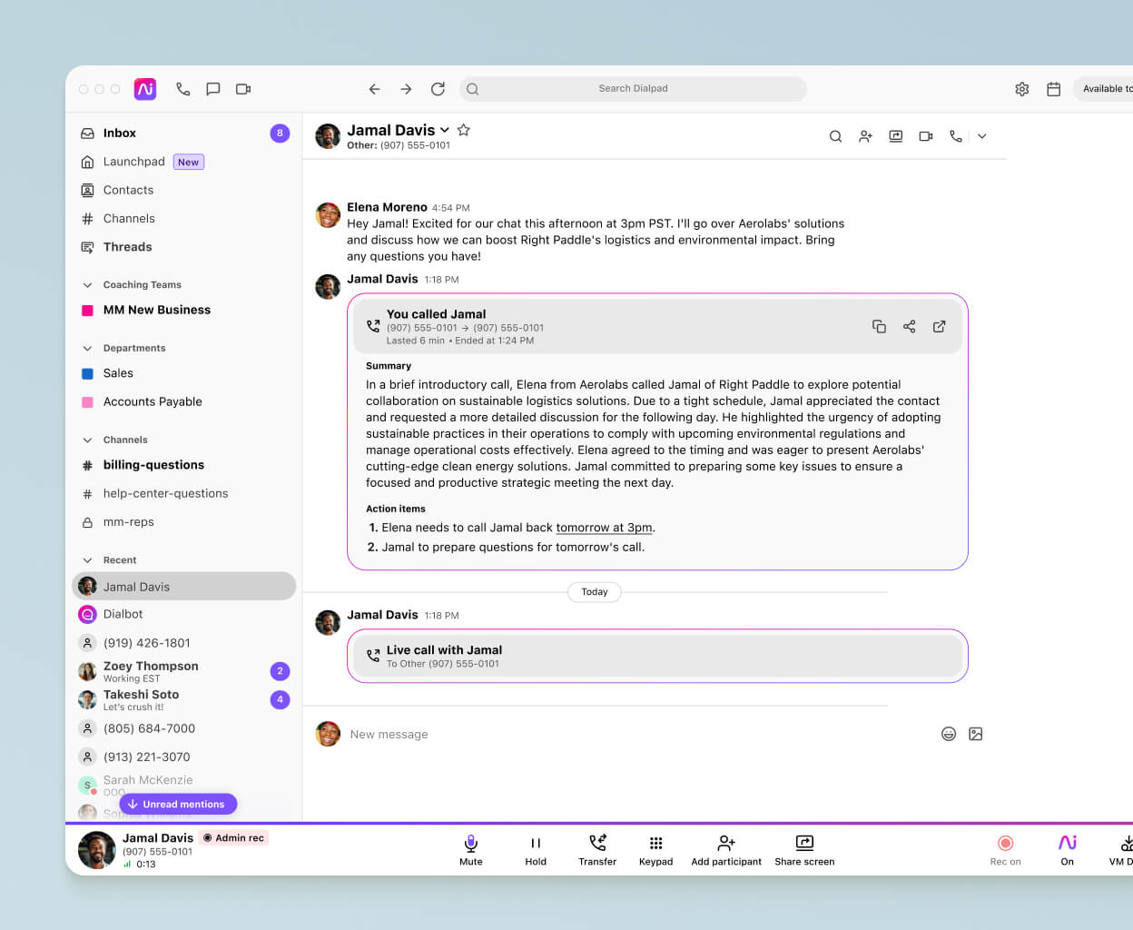 Screenshot of Dialpad AI Recaps generating a summary and action items after a phone call ends