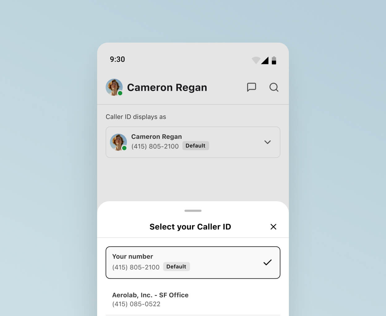 Screenshot of choosing a caller ID to display when making a work call using Dialpad's app