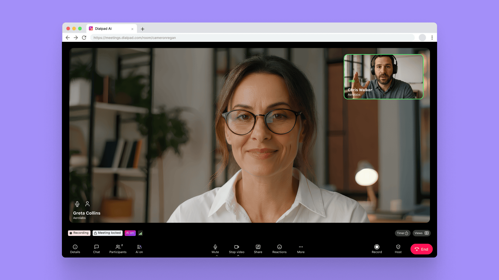 Screenshot of Dialpad's video conferencing interface displayed in a browser, showing a video feed with two participants
