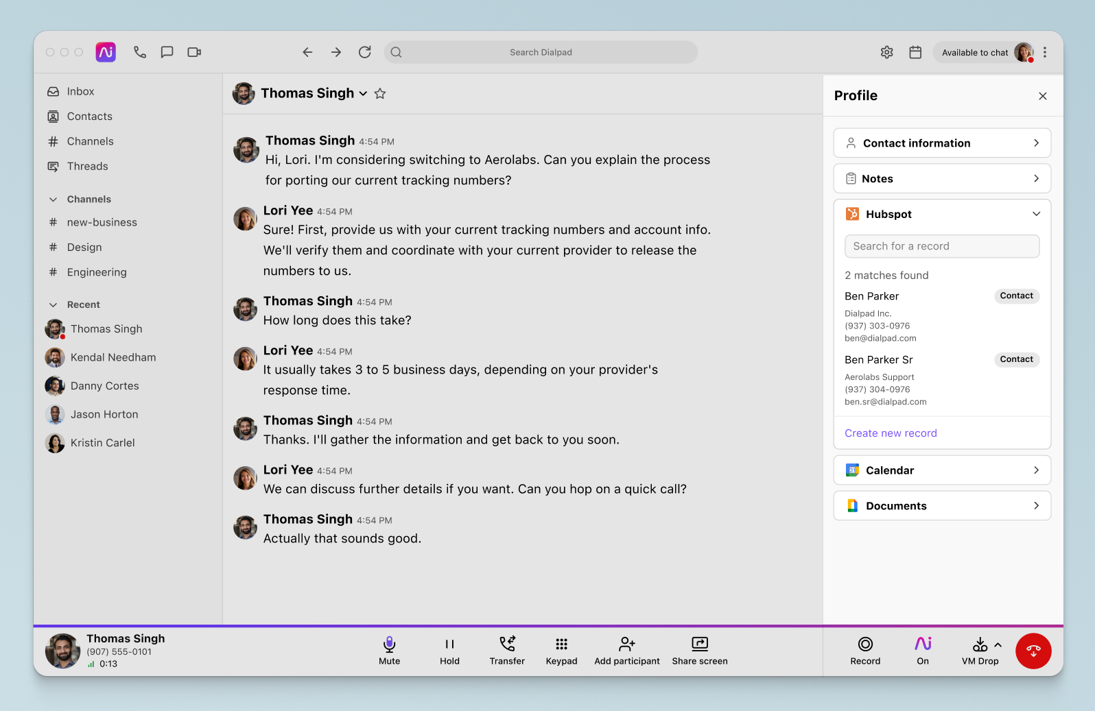 Screenshot of Dialpads integration with Hubspot