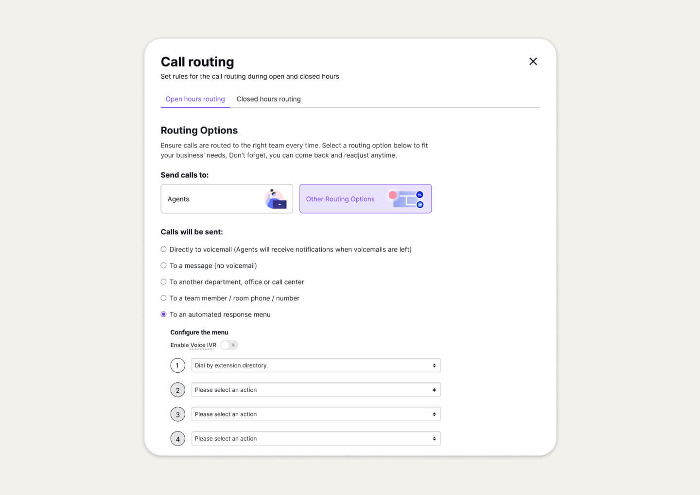 Call routing options in dialpad z card