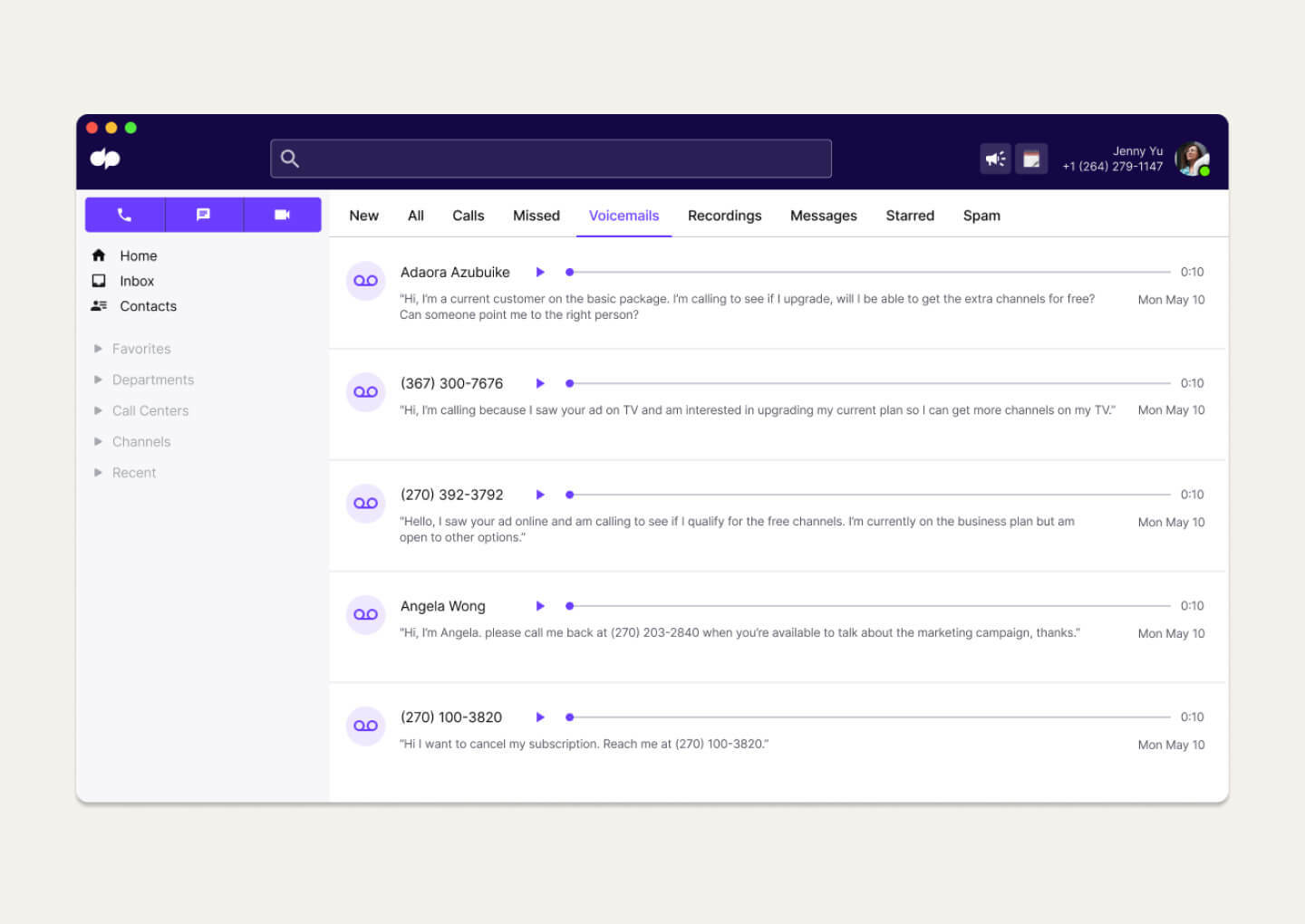 Visual Voicemail single item card