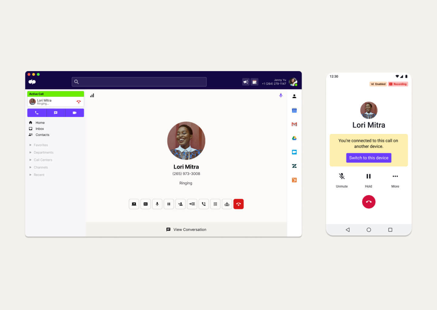 Screenshot of Dialpad's call flip feature seamlessly flipping a call between a desktop and mobile app.