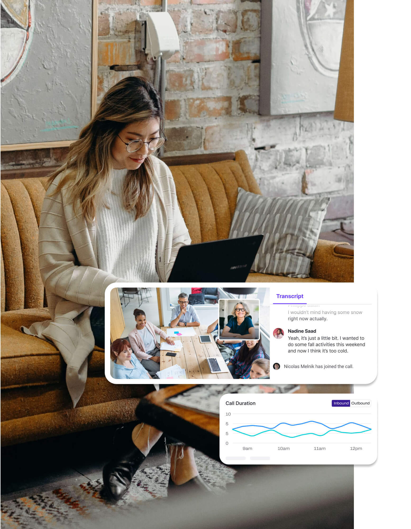 Woman using conversational ai on a laptop with screenshots of Dialpad Ai in the foreground