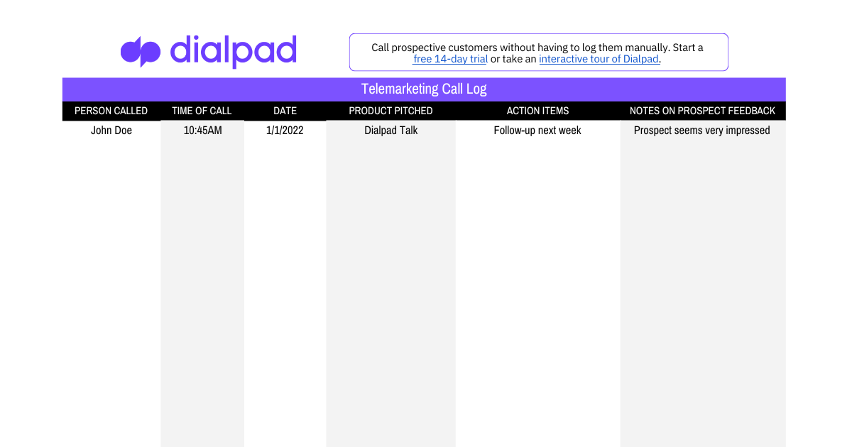 Call log for telemarketing