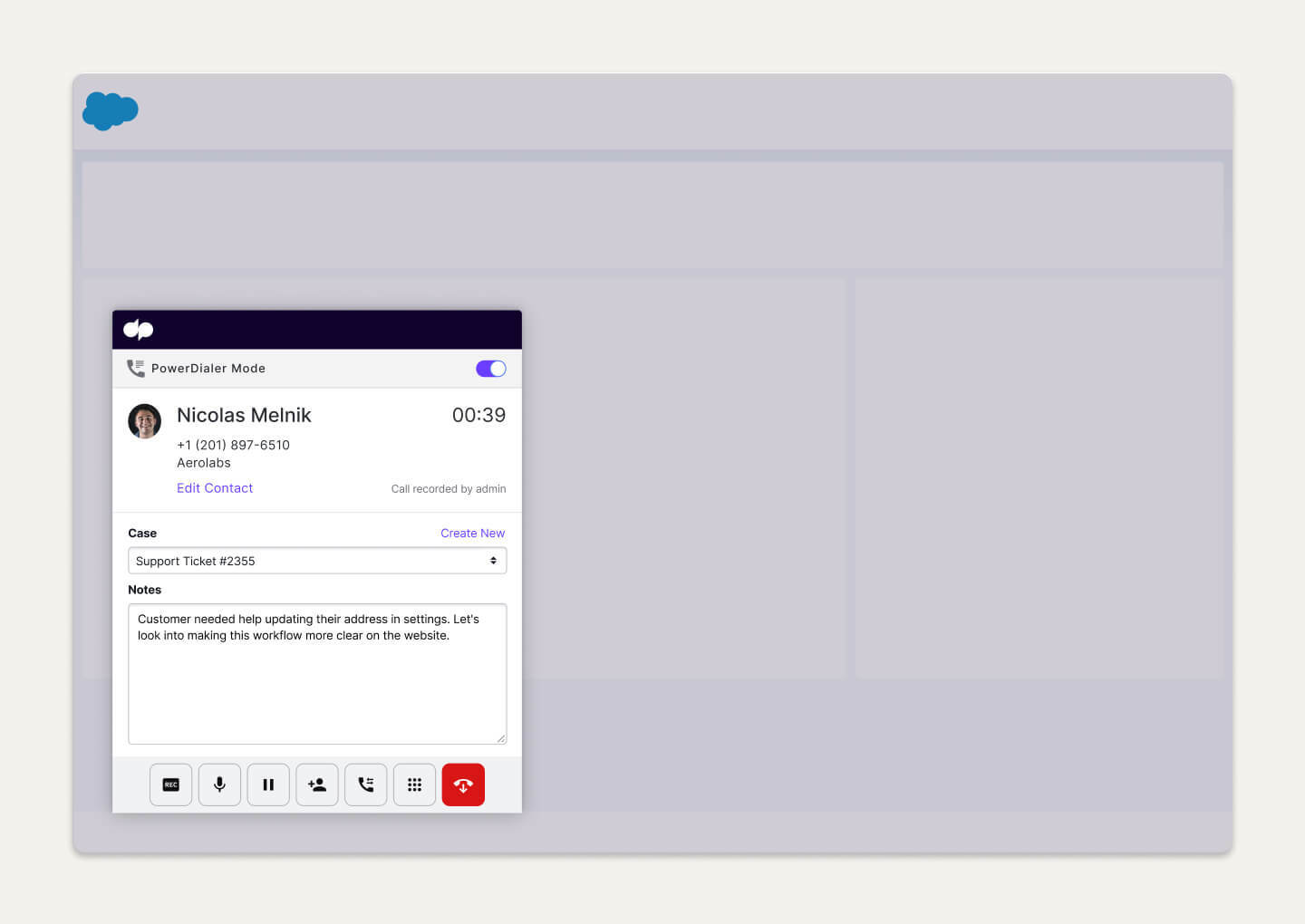 Screenshot of Dialpad's Salesforce integration automatically populating a call's details.