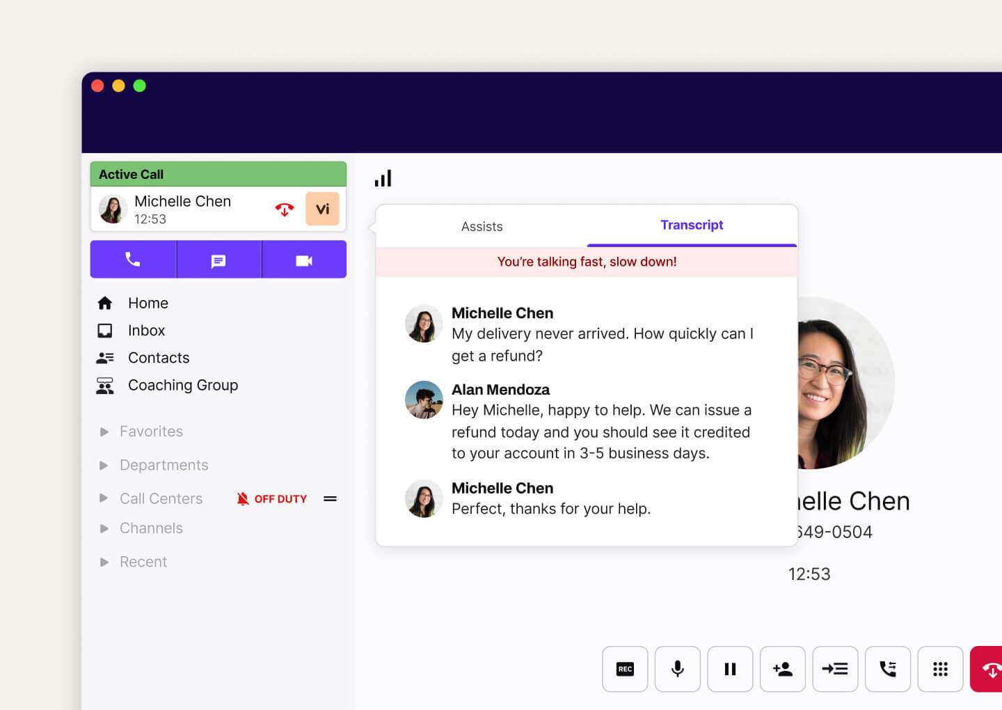 Screenshot of Dialpad AI transcribing a phone call in real time.