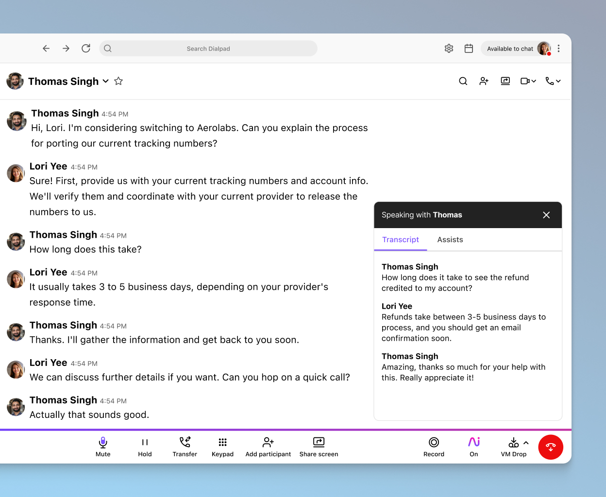 Screenshot of Dialpad AI transcribing a phone call in real time.