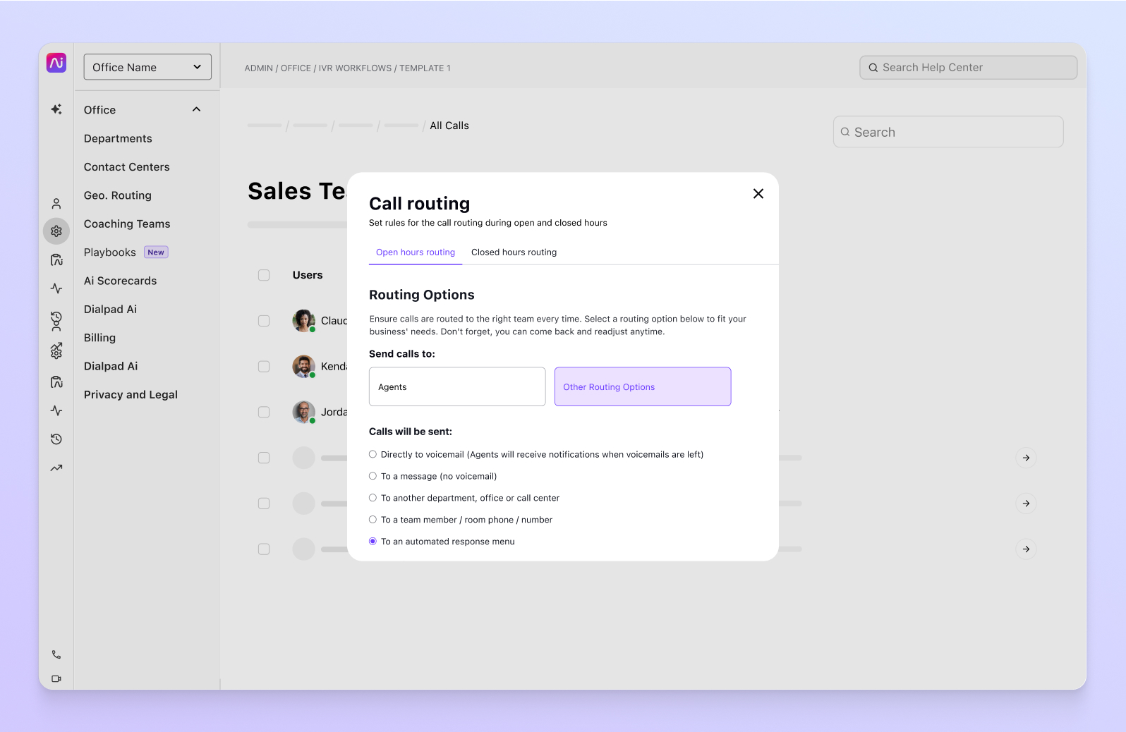 Call routing options in Dialpad.