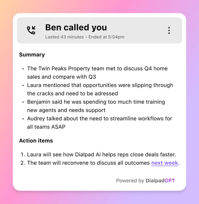 Mobile screenshot of Dialpad Ai Recaps generating a summary and action items after a phone call ends