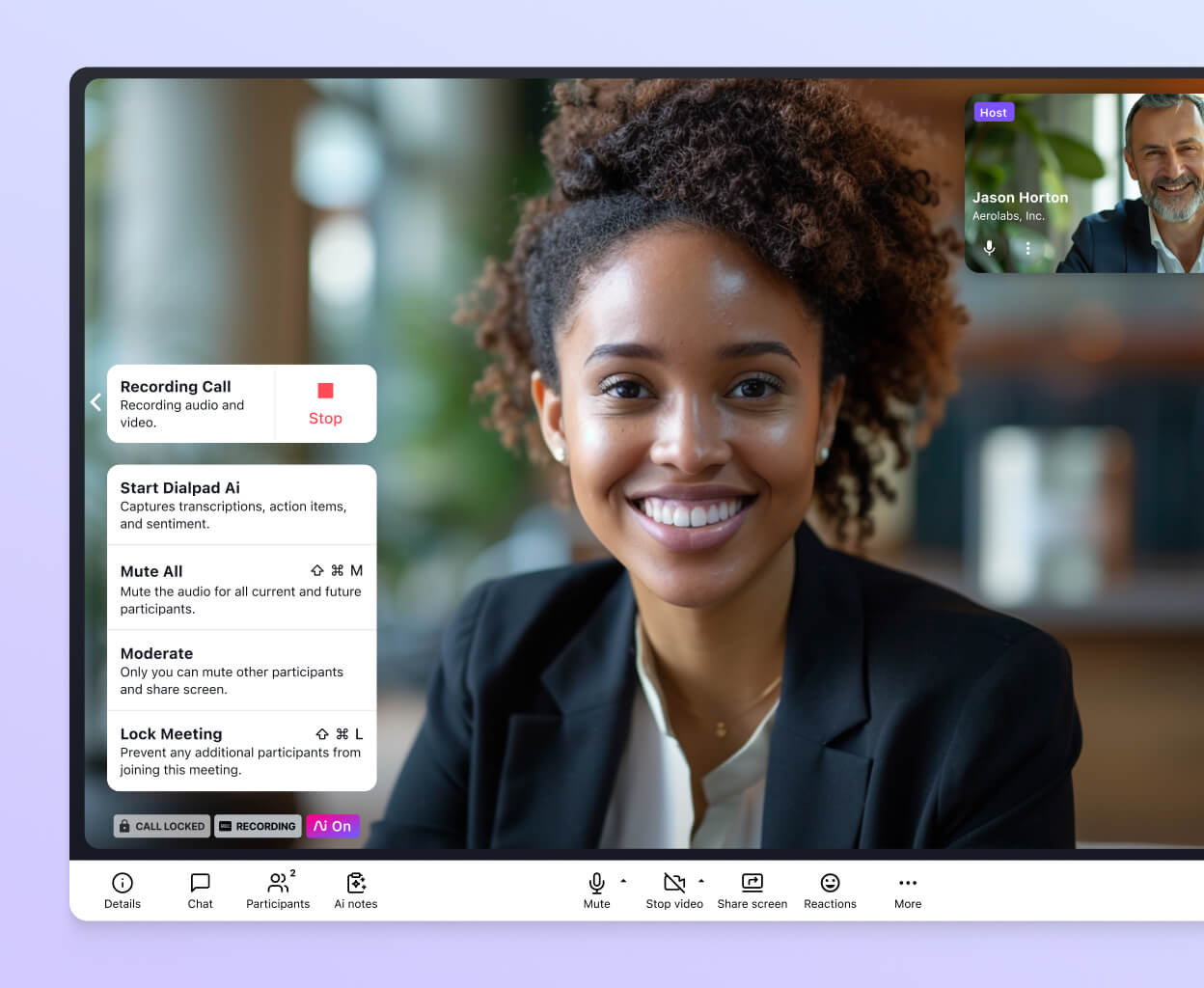 Screenshot of locking a video conference in Dialpad using the built-in security controls