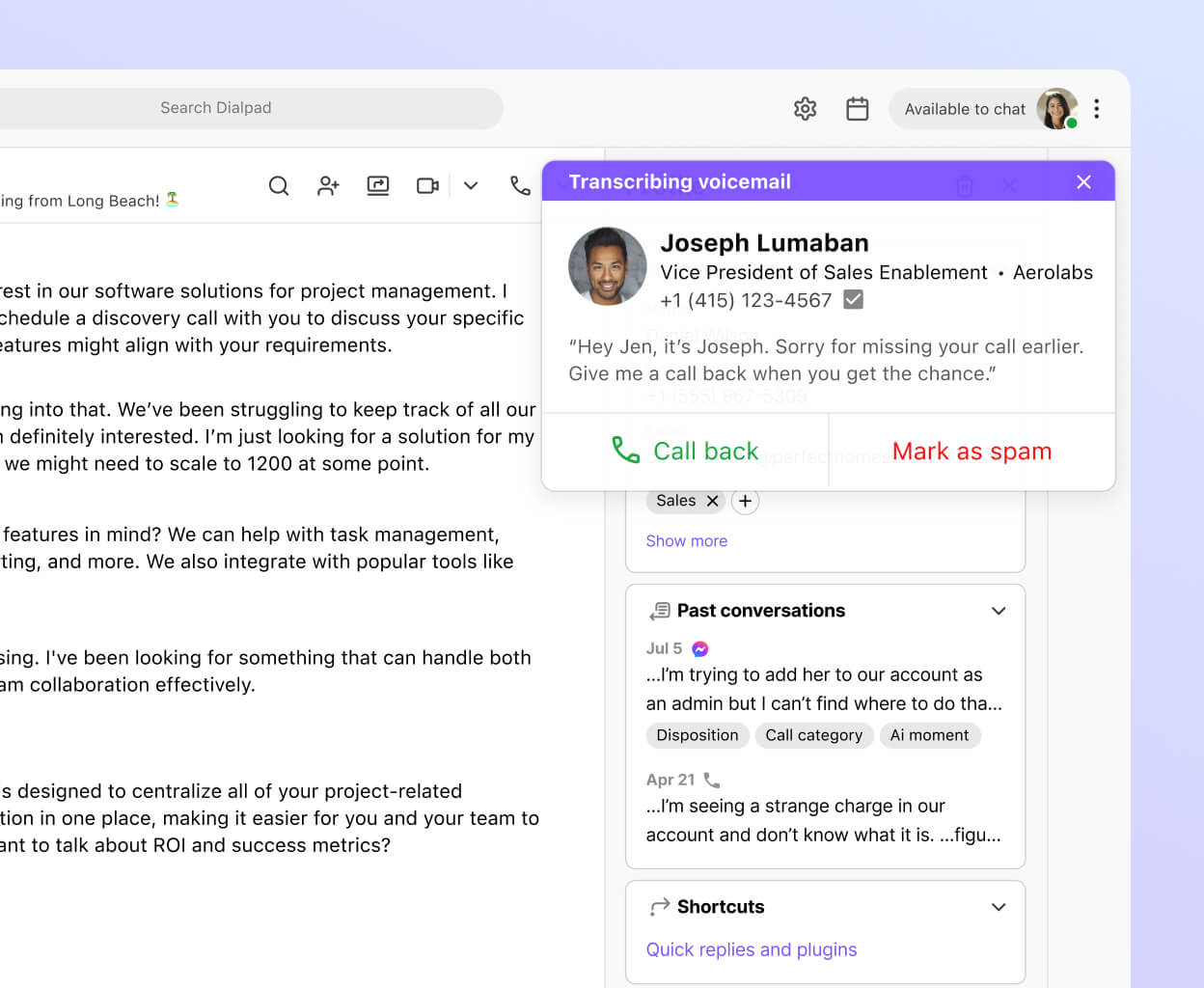Screenshot of Dialpads visual voicemail transcription feature