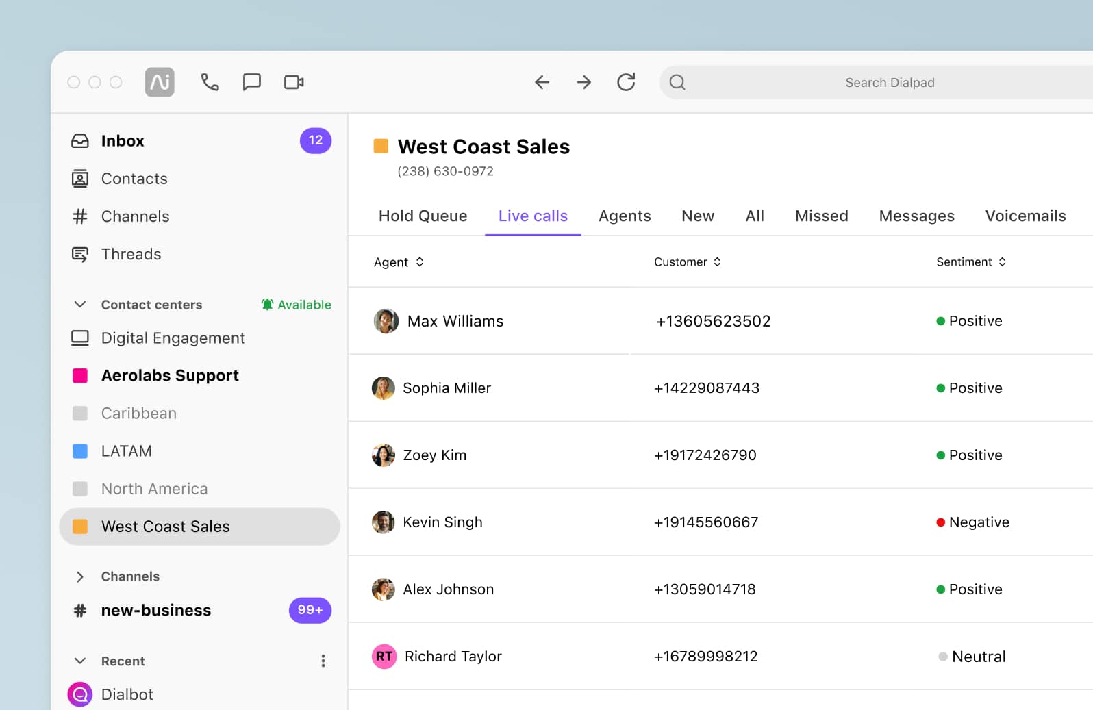 Screenshot of Dialpad Ai analyzing the sentiment of multiple calls in real time